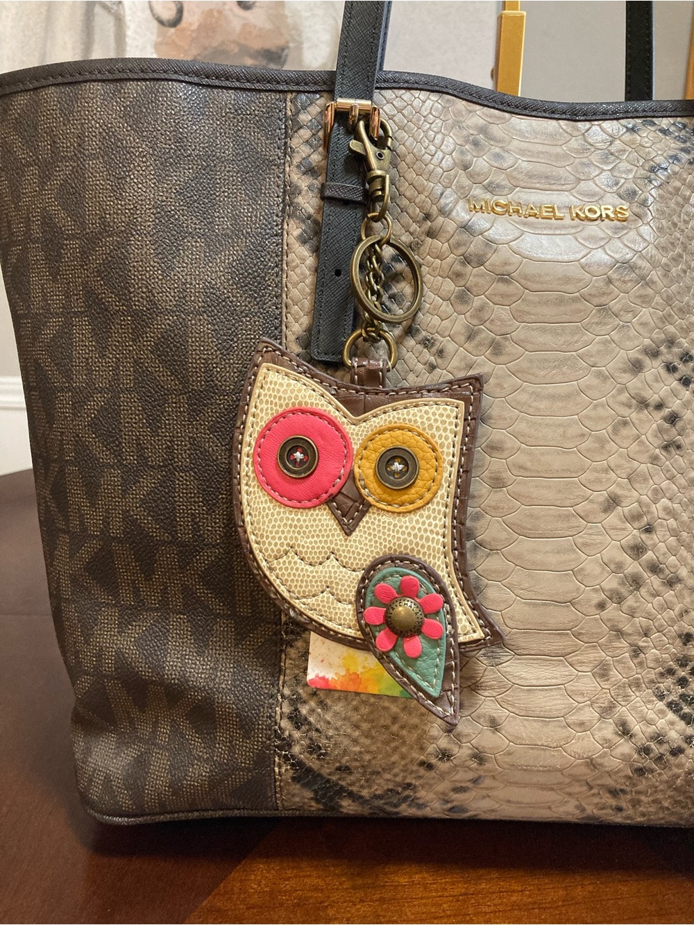 Michael Kors Jet Set Travel Tote | Signature MK Python Print | Chala Owl Charm - Picture 3 of 15